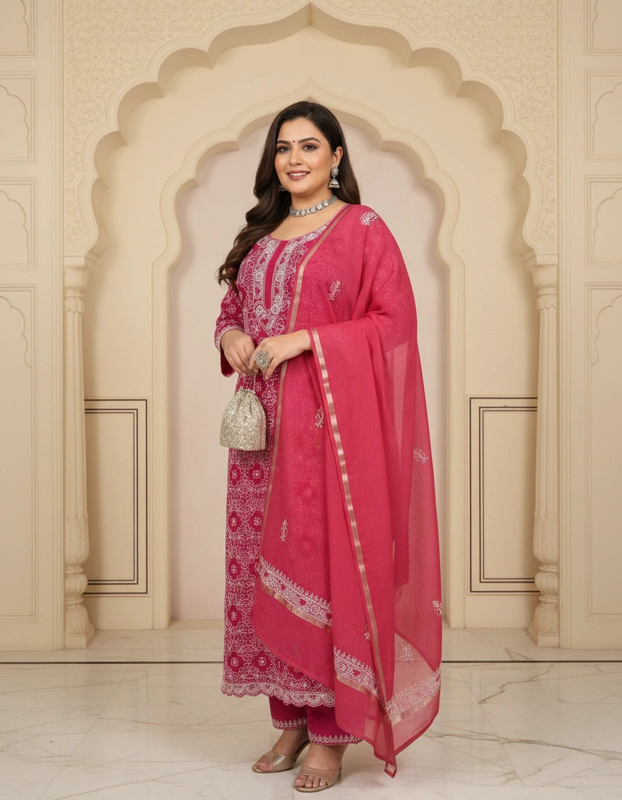 Dark Peach Chanderi Chikankari Suit Fabric