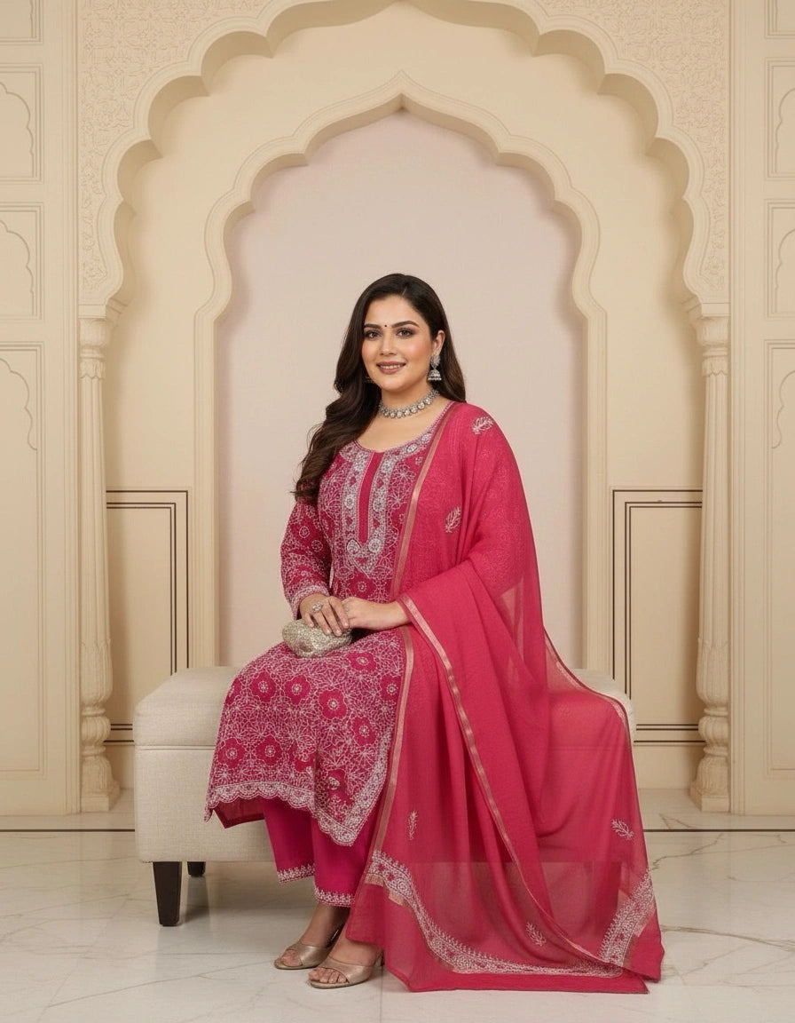 Dark Peach Chanderi Chikankari Suit Fabric
