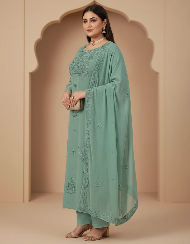Sea Green Pure Georgette Chikankari Kurta Dupatta Fabric