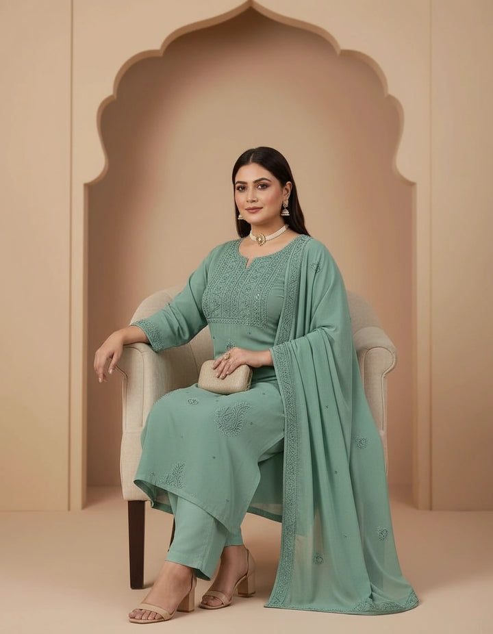 Sea Green Pure Georgette Chikankari Kurta Dupatta Fabric