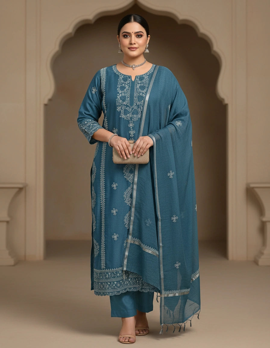 Peacock Blue Chanderi Chikankari Suit Fabric
