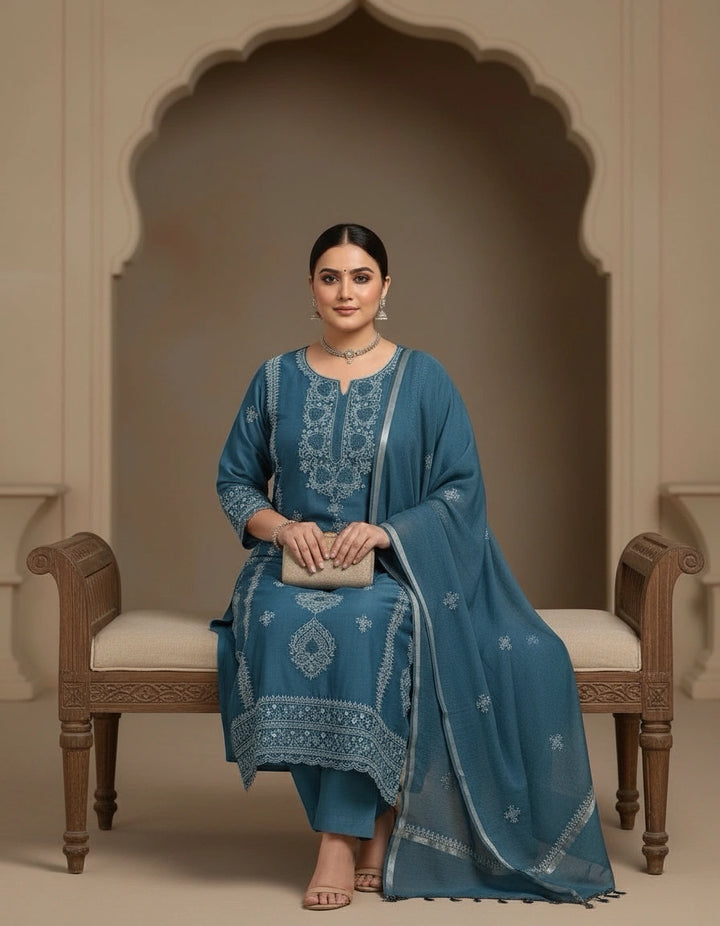 Peacock Blue Chanderi Chikankari Suit Fabric