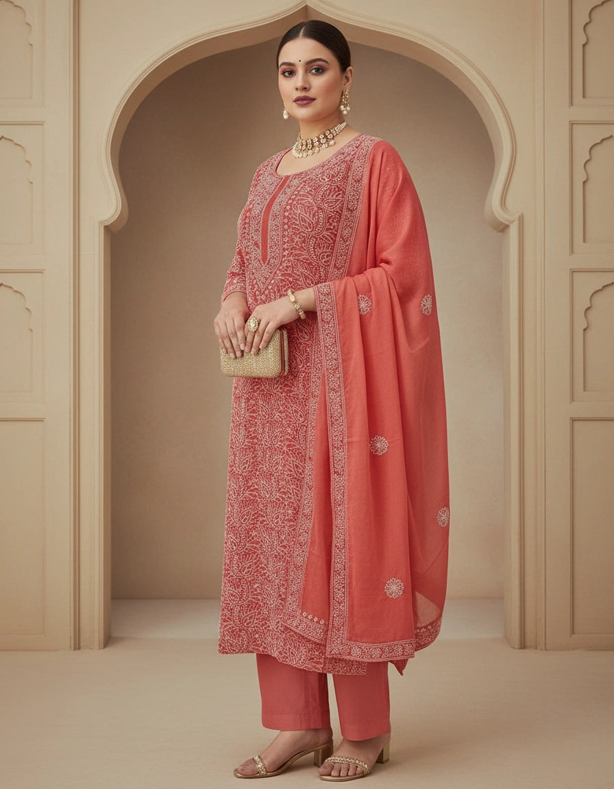 Light Orange Georgette Chikankari kurta Dupatta Fabric