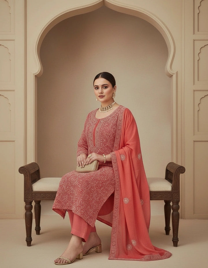 Light Orange Georgette Chikankari kurta Dupatta Fabric