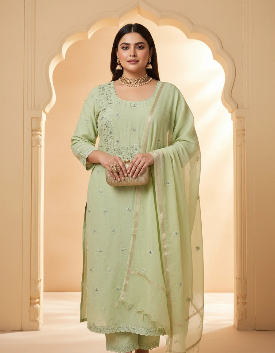 Light Pista Green Chanderi Chikankari Suit Fabric