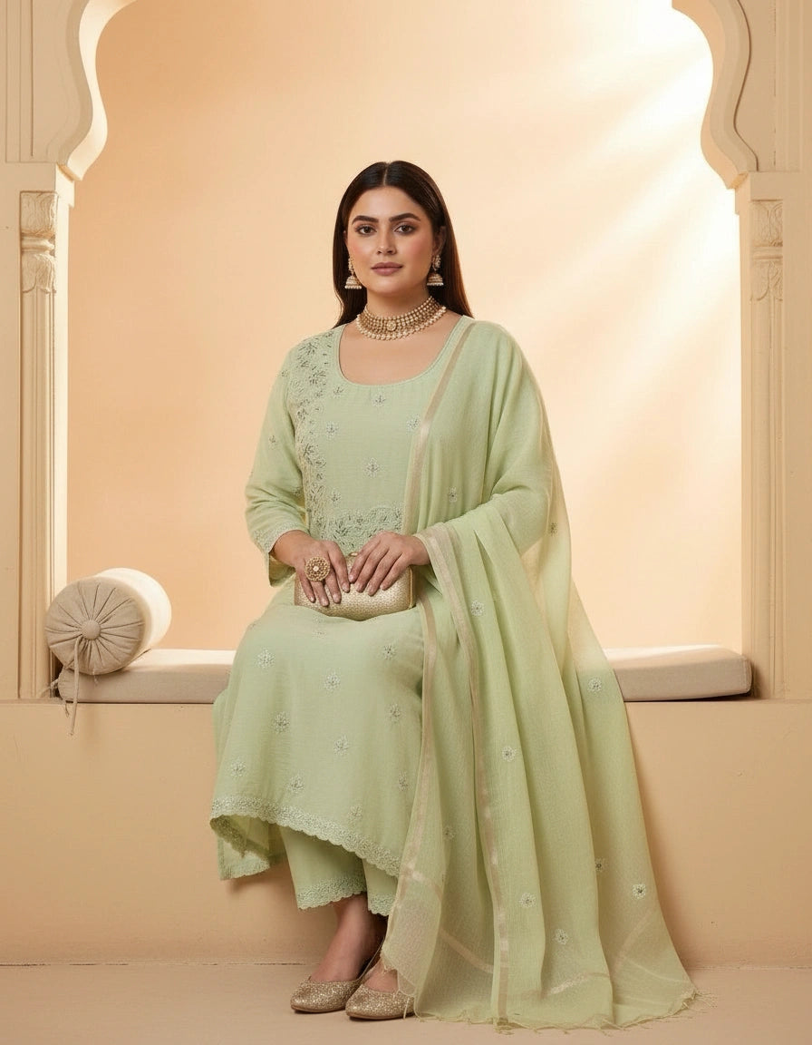 Light Pista Green Chanderi Chikankari Suit Fabric