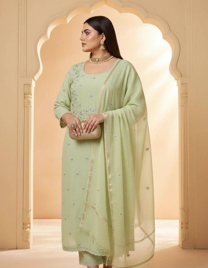 Light Pista Green Chanderi Chikankari Suit Fabric