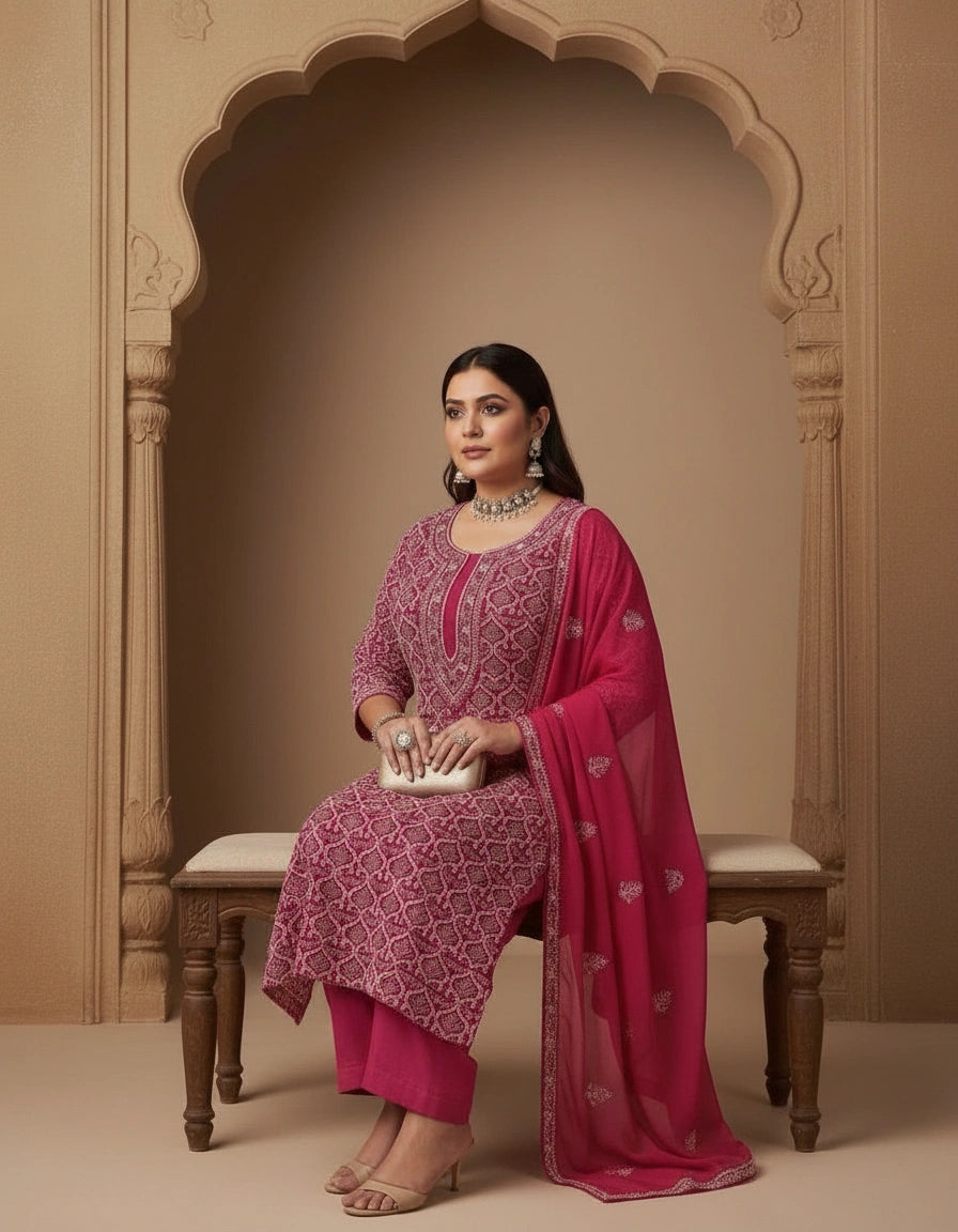 Rani Pink Georgette Chikankari kurta Dupatta Fabric