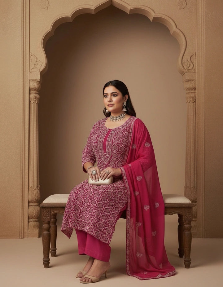 Rani Pink Georgette Chikankari kurta Dupatta Fabric