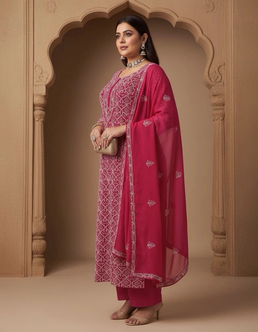 Rani Pink Georgette Chikankari kurta Dupatta Fabric