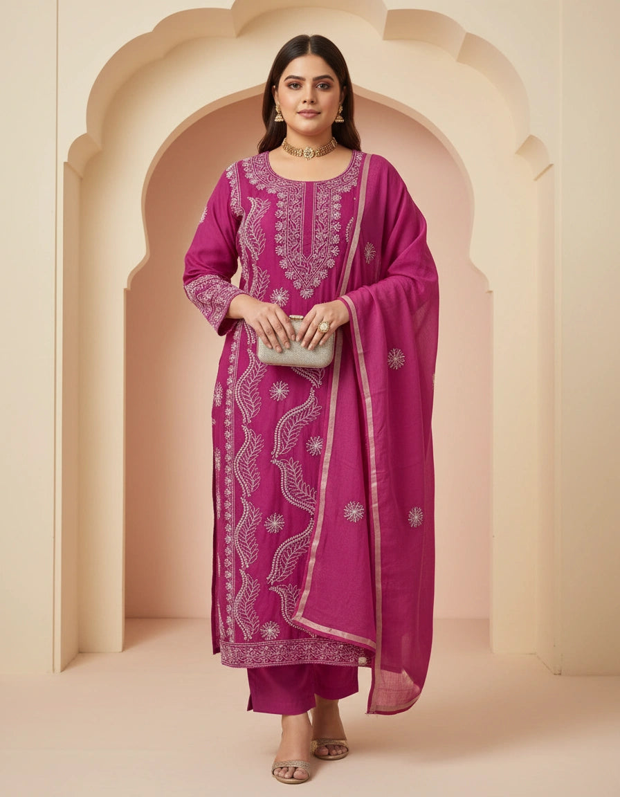 Rani Pink Chanderi Chikankari Suit Fabric