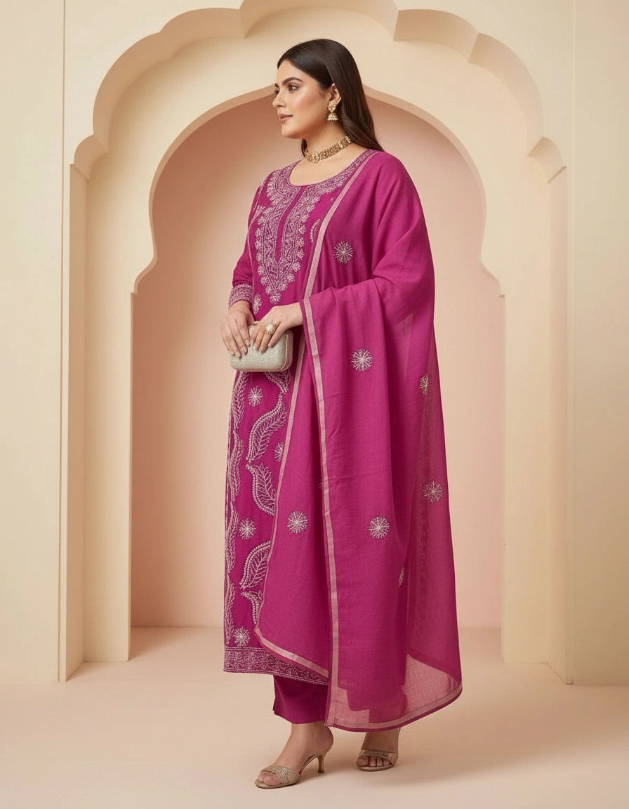 Rani Pink Chanderi Chikankari Suit Fabric