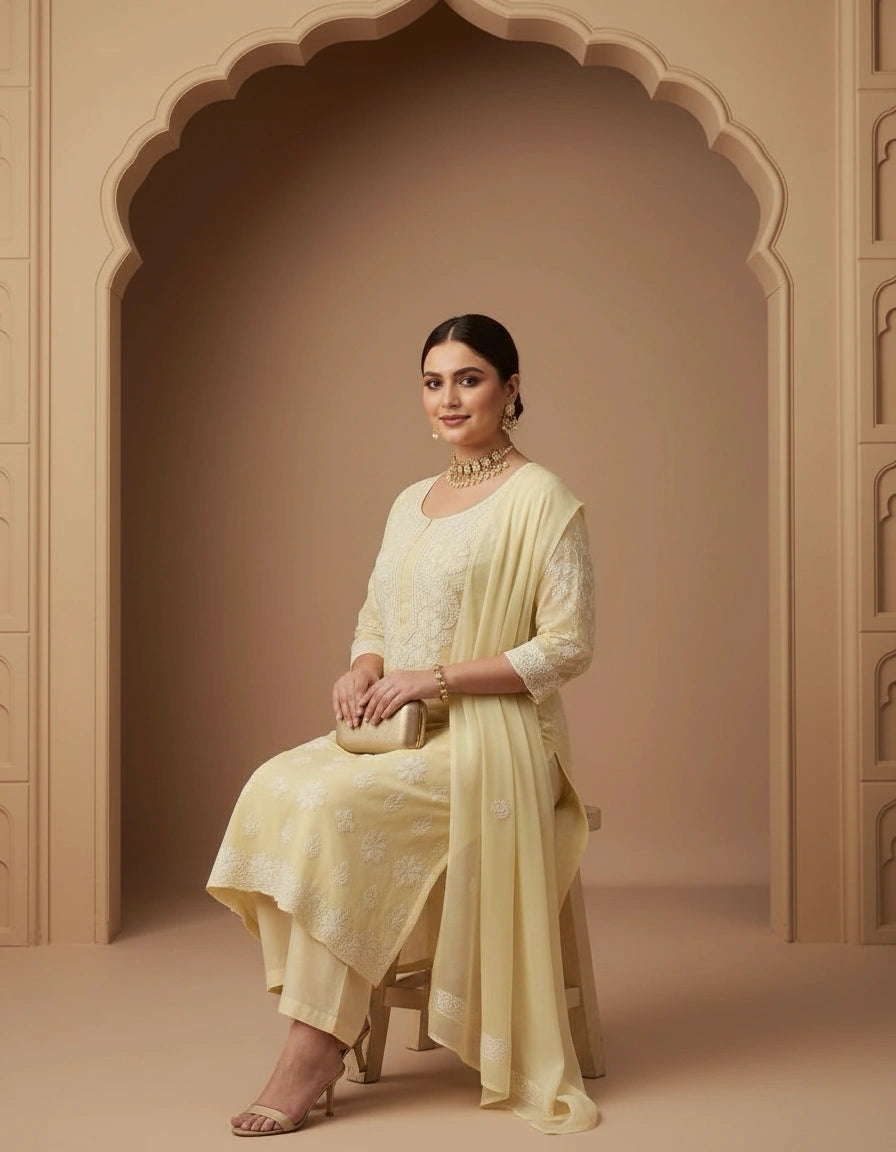 Light Yellow Georgette Chikankari Kurta Fabric