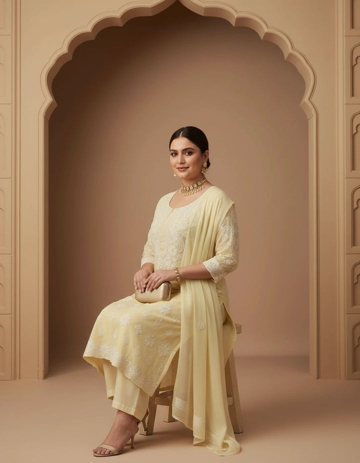 Light Yellow Georgette Chikankari Kurta Fabric