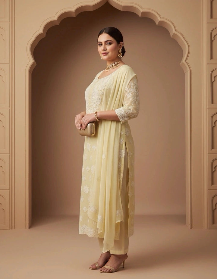 Light Yellow Georgette Chikankari Kurta Fabric
