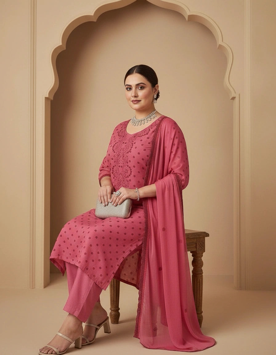 Maroon Cotton Chikankari Kurta Dupatta Fabric