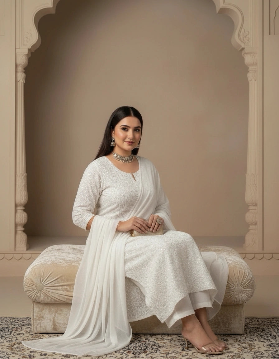 White Cotton Chikankari kurta Dupatta Fabric