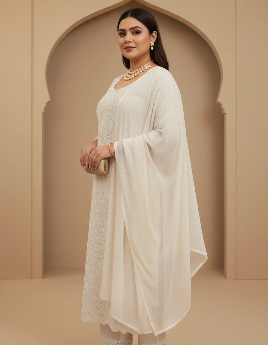 White Chanderi Chikankari kurta Fabric