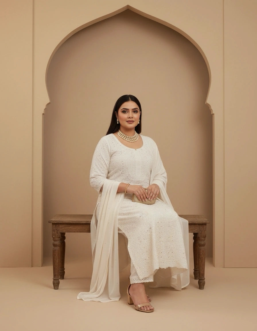 White Chanderi Chikankari kurta Fabric