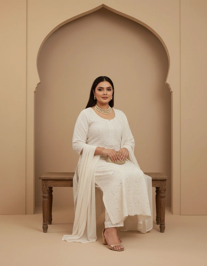 White Chanderi Chikankari kurta Fabric