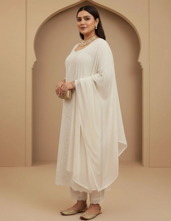 White Chanderi Chikankari kurta Fabric