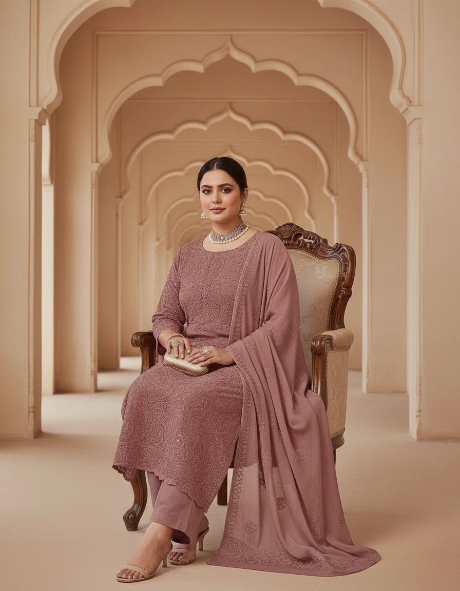 Brown Pure Georgette Chikankari kurta Dupatta Fabric