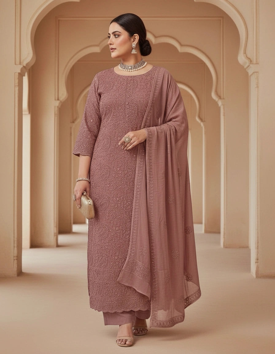 Brown Pure Georgette Chikankari kurta Dupatta Fabric