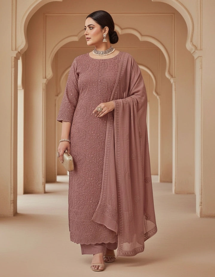 Brown Pure Georgette Chikankari kurta Dupatta Fabric
