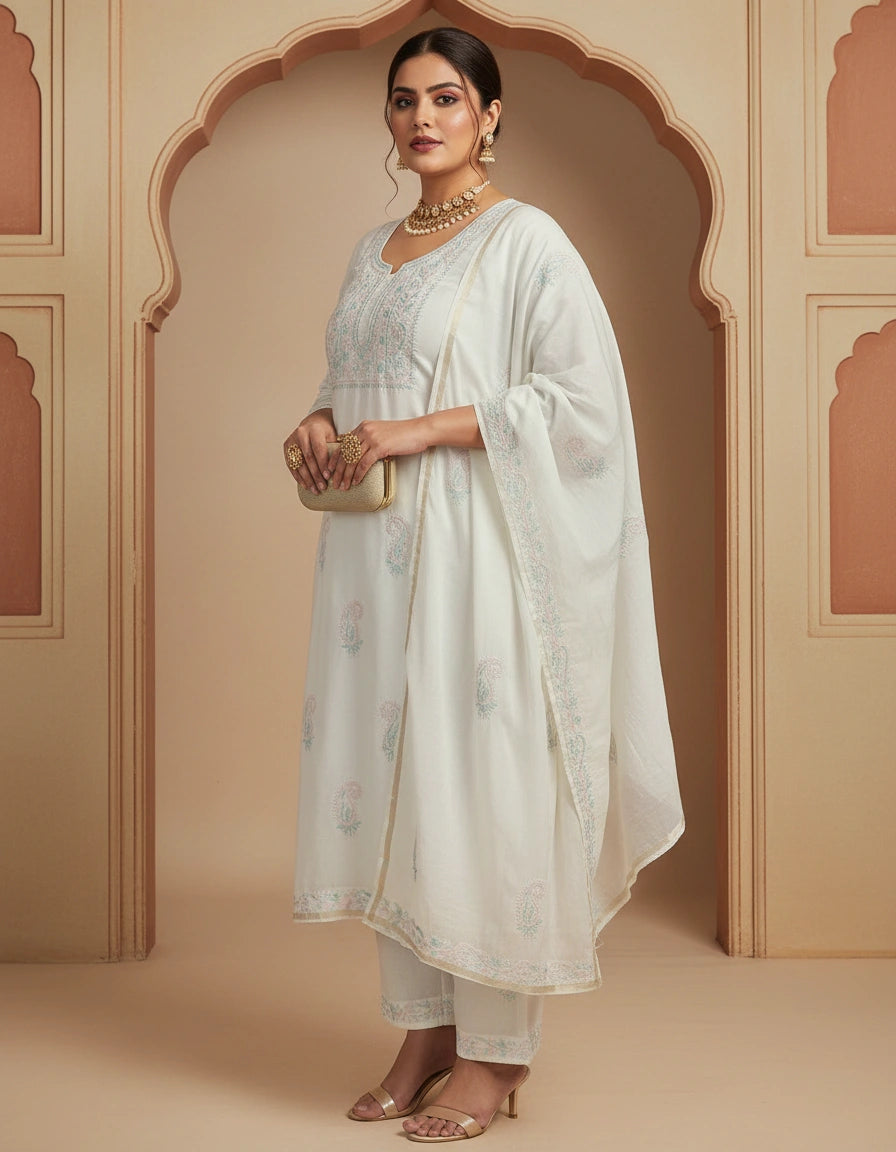 White Chanderi Chikankari Suit Fabric