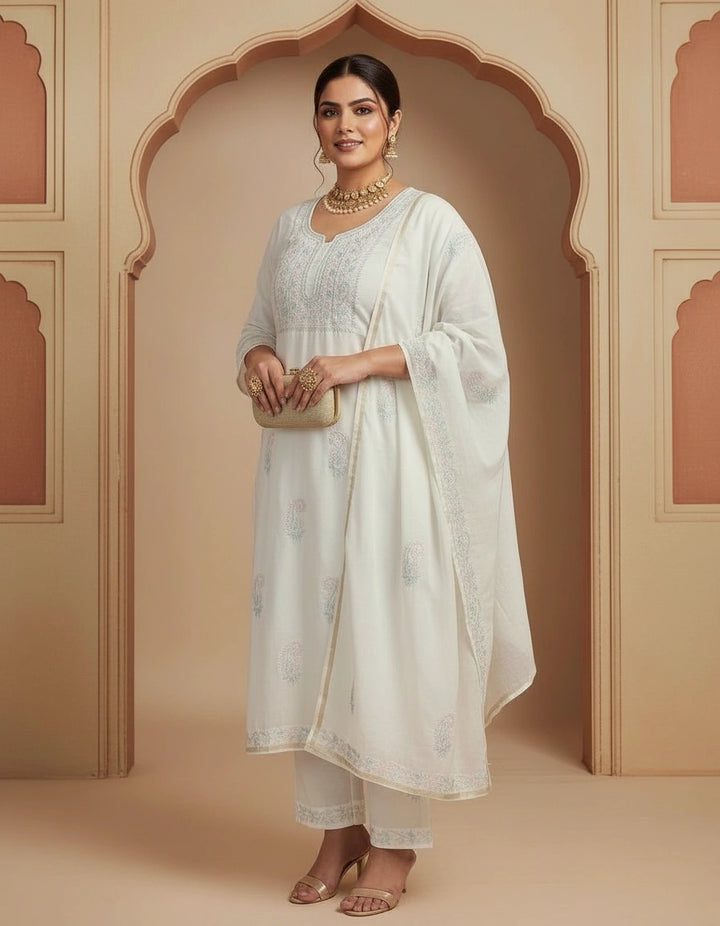 White Chanderi Chikankari Suit Fabric