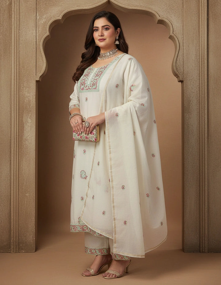 Off White Chanderi Chikankari Suit Fabric