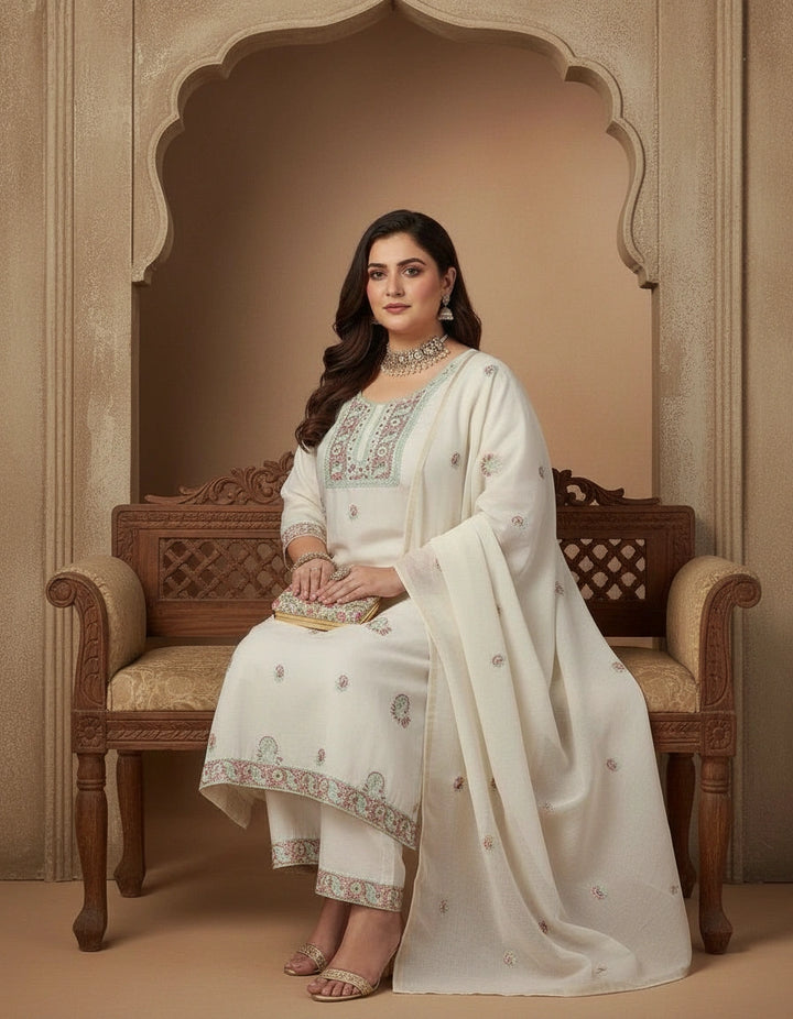 Off White Chanderi Chikankari Suit Fabric