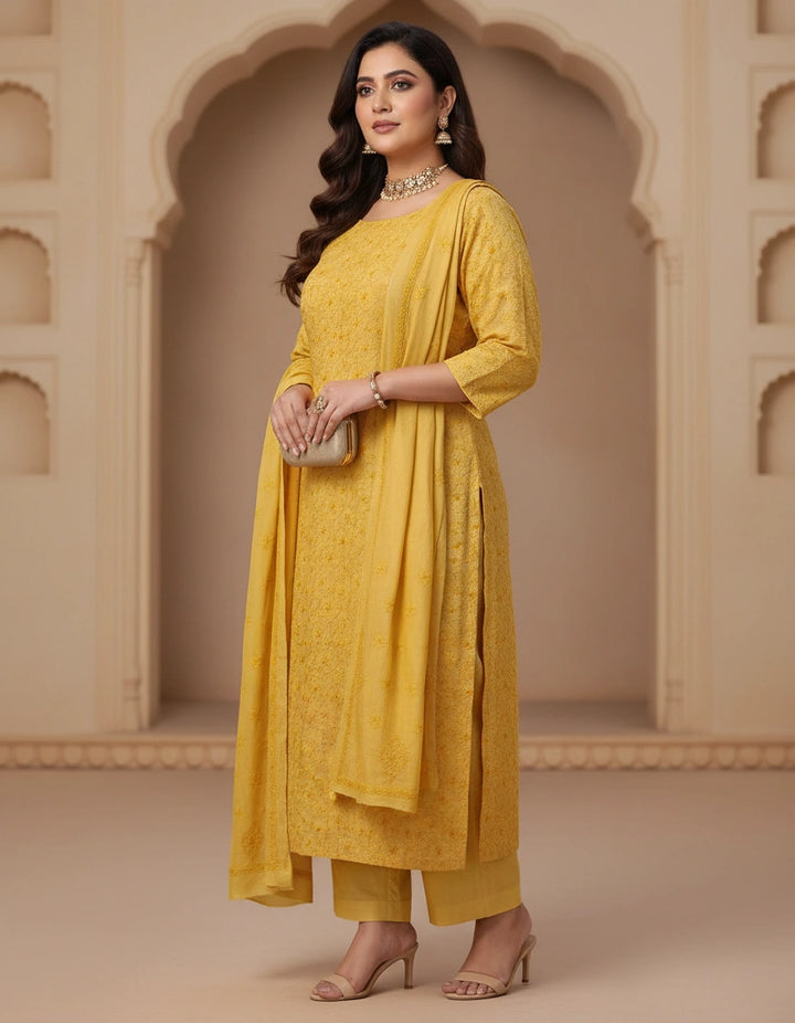 Yellow Chanderi Chikankari kurta Pant Fabric