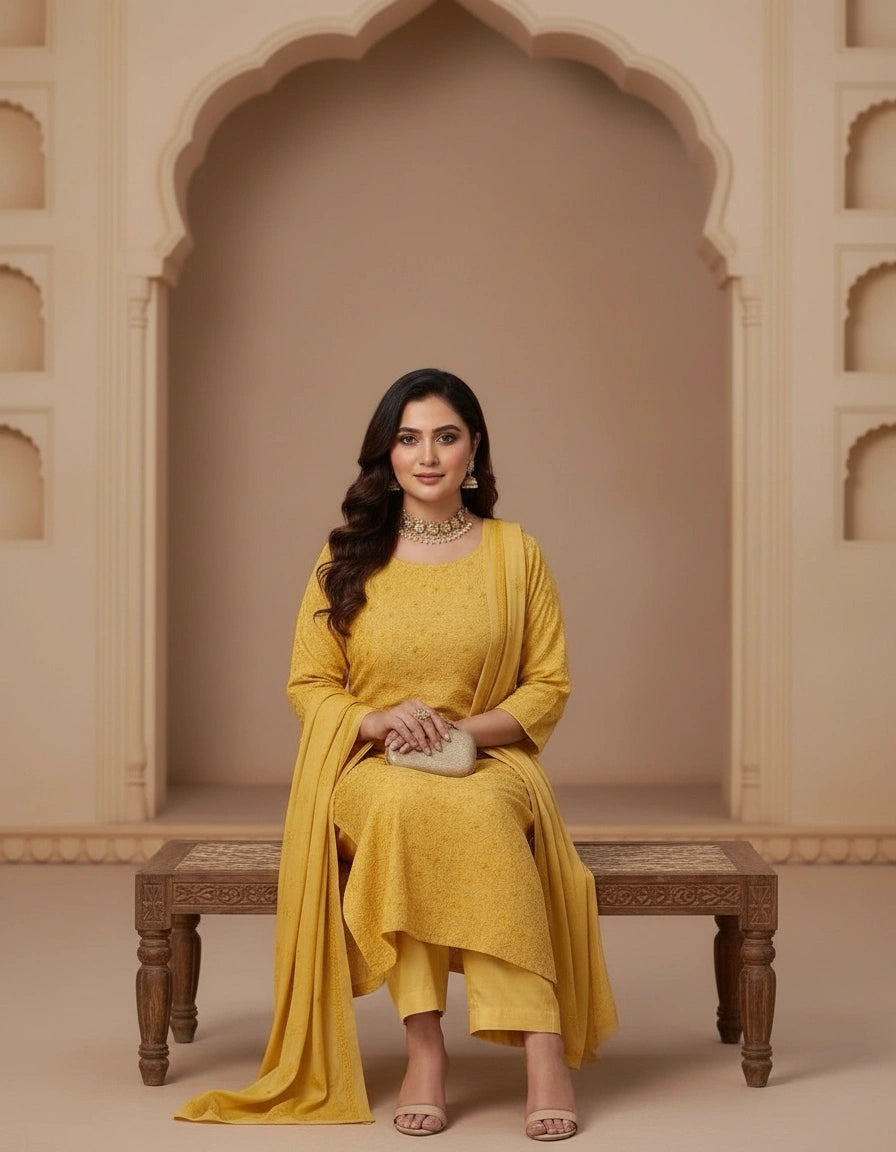 Yellow Chanderi Chikankari kurta Pant Fabric