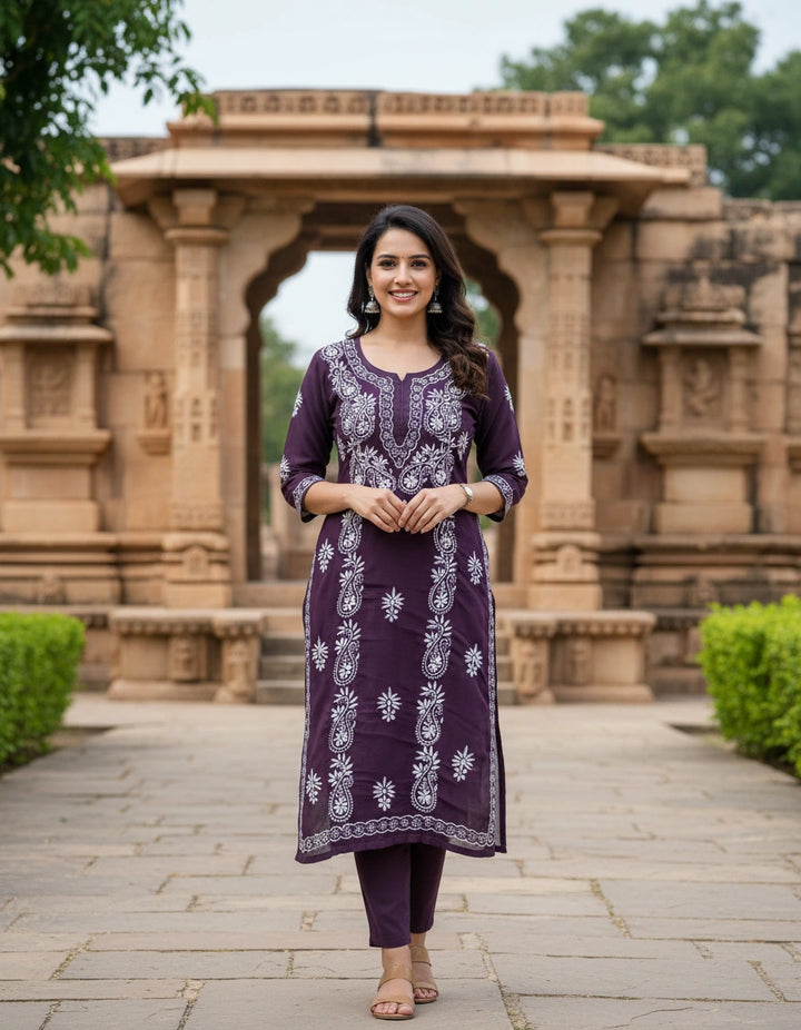 Wine Georgette Chikankari Kurta