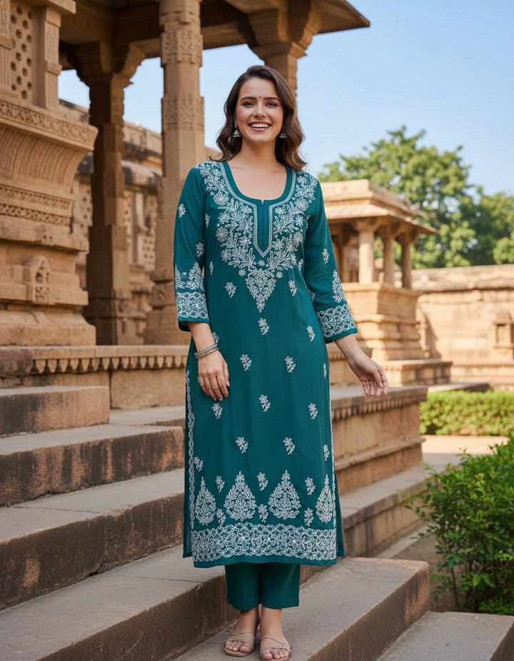 Dark Green Georgette Chikankari Kurta