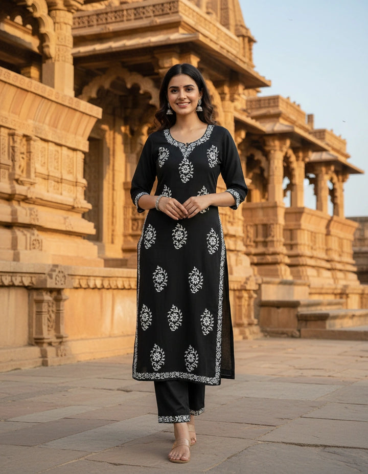 Black Rayon Chikankari Kurta Pant Set