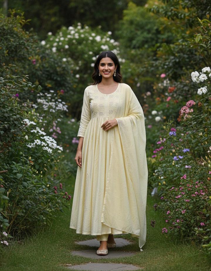 Light Yellow Chanderi Chikankari Suit Set-custom Made