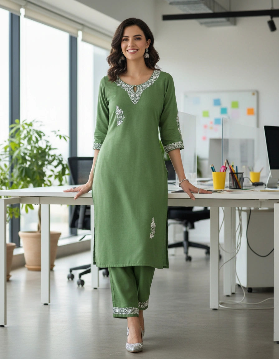 Linen Cotton green Chikankari Co-ord Set Desire Label Linen Cotton green Chikankari Co-ord Set Desire Label