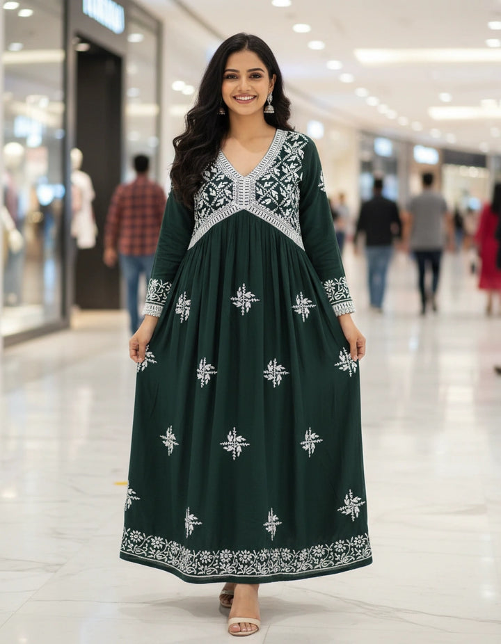 Dark Green Rayon Chikankari Alia Set