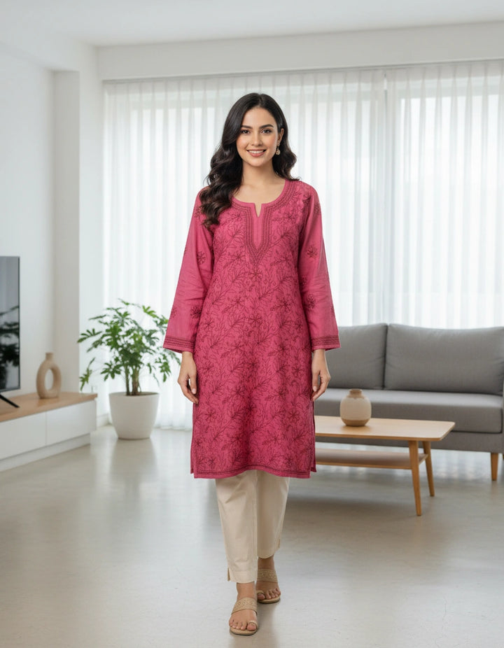 Maroon Silk Chikankari Short kurta