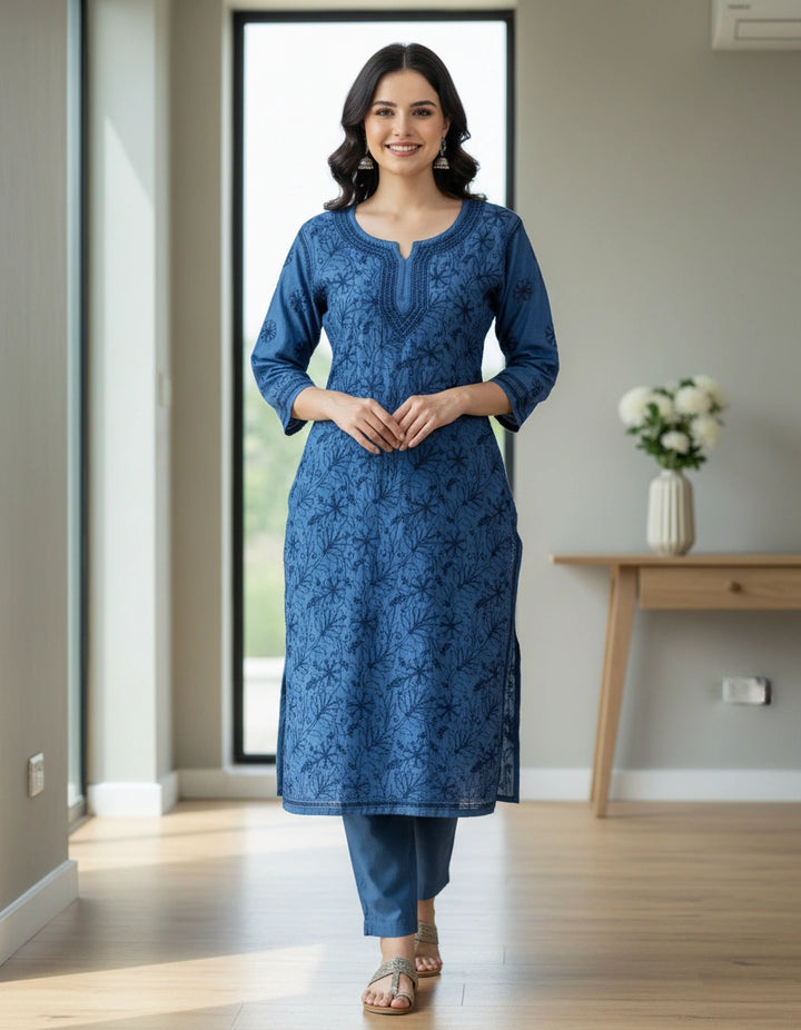 Navy Blue Silk Chikankari Short kurta