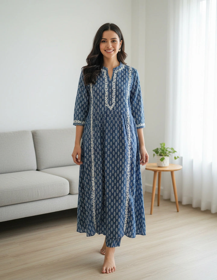 Navy Blue Printed Cotton Chikankari kurta