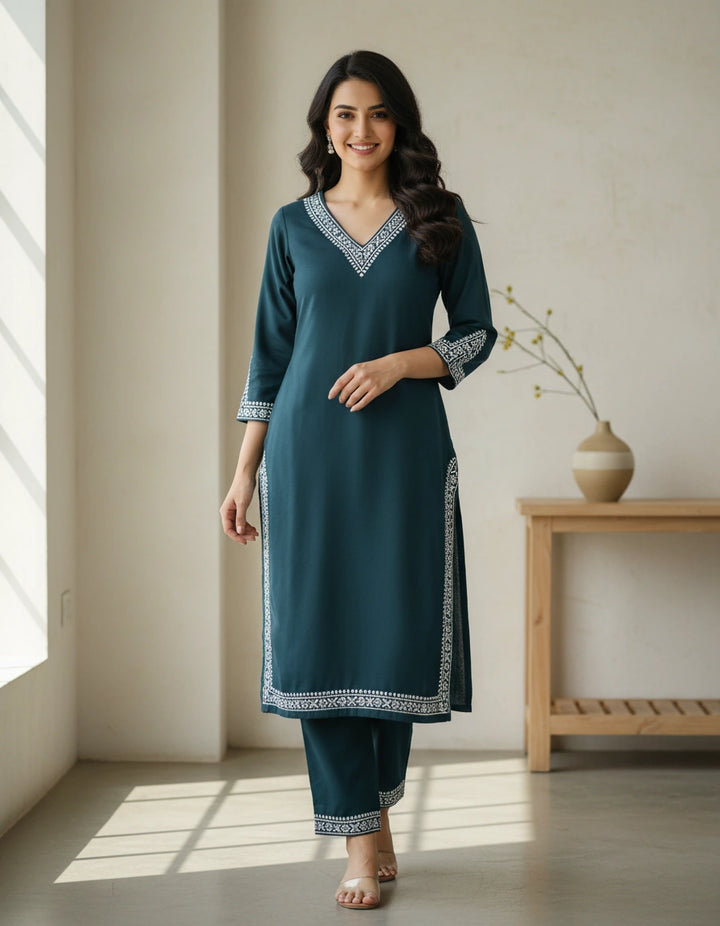 Linen Cotton Dark Green Chikankari Co-ord Set