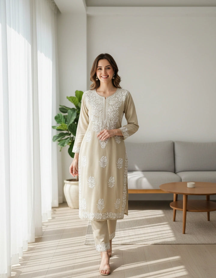 Olive green Modal Chikankari Set