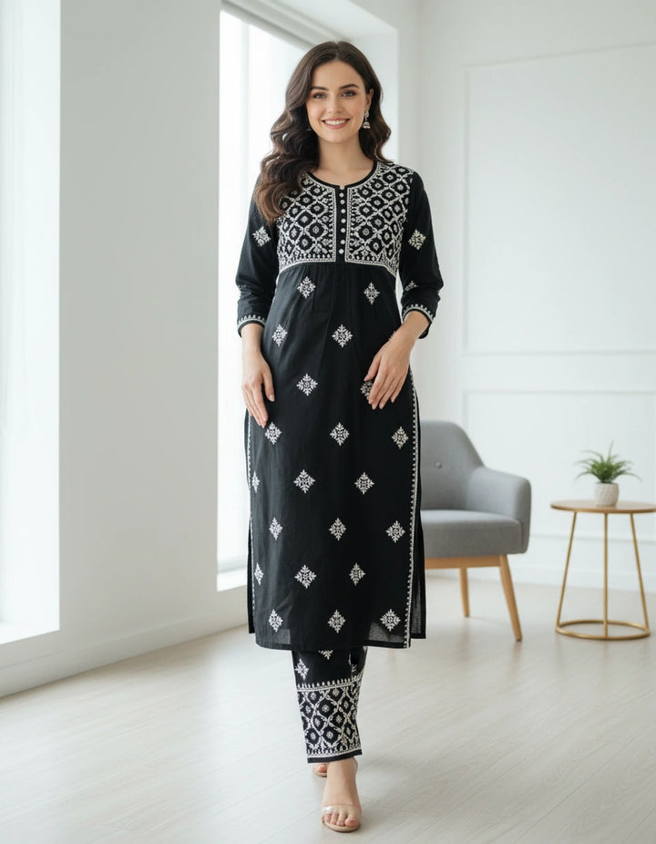 Black Cotton Chikankari Set