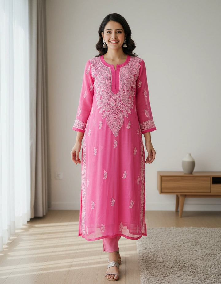 Pink Georgette Chikankari kurta