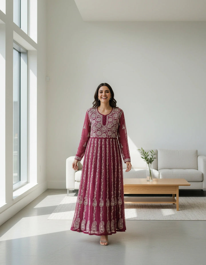Wine Georgette Chikankari Anarkali kurta