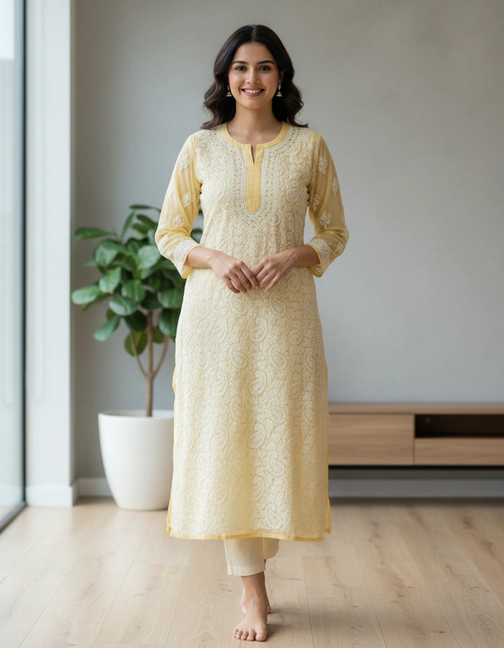 Light yellow Georgette Chikankari kurta