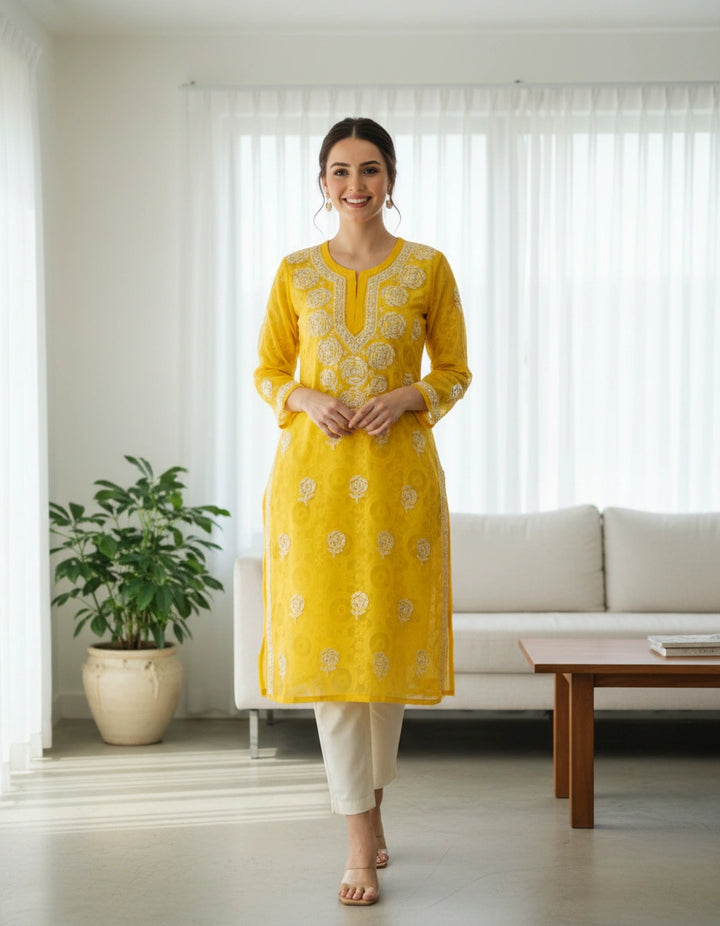 Yellow Georgette Chikankari kurta